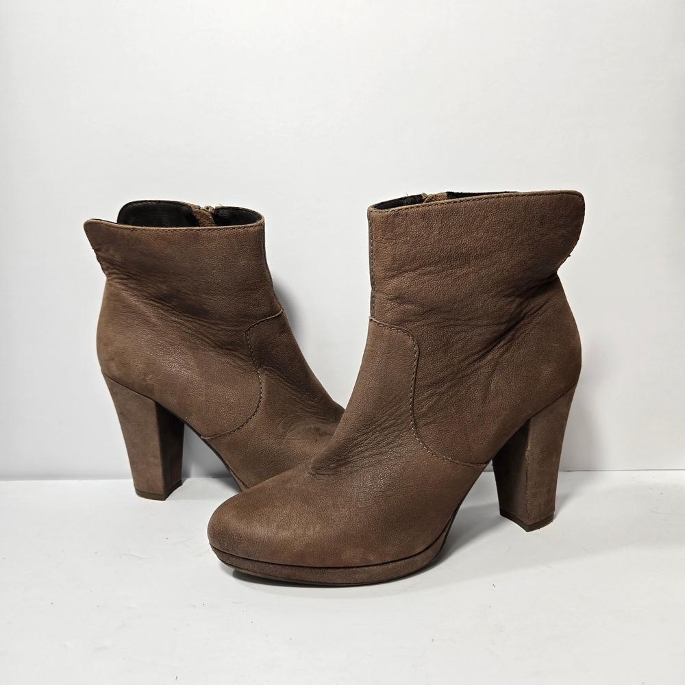 Trudy Taupe Leather Block‎ Heel Platform Ankle Boots Womens 10 Almond Toe Zip